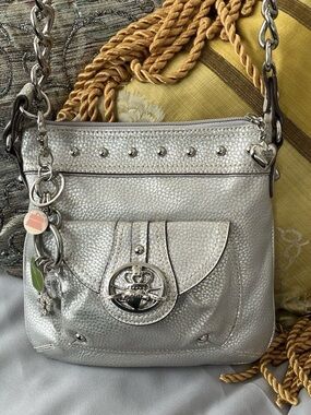Kathy Van Zeeland Metallic Silver Heart Charm Shoulder Bag